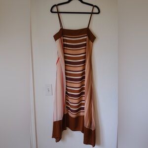DKNY sleeveless midi slip dress asymmetrical hem mixed stripe brown size SMALL